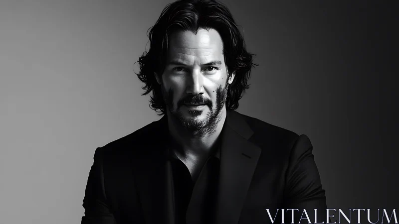 Monochrome male portrait with dramatic split studio lighting.