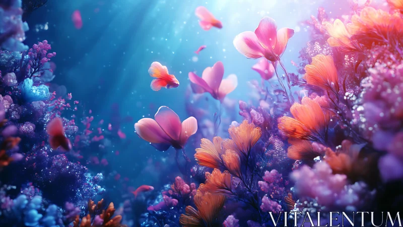 Ethereal Floating Flowers in Deep Blue Dreamscape.