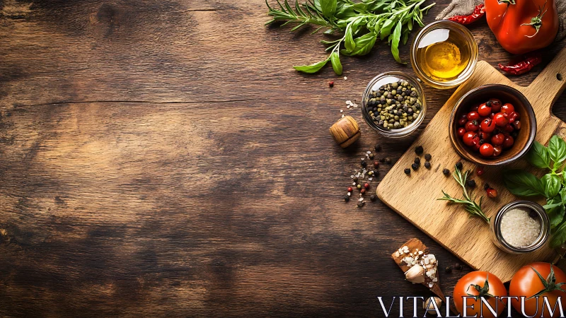 Fresh herbs, spices and tomatoes on rustic wooden table.