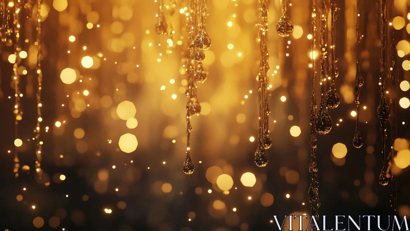 Suspended golden droplets with defocused bokeh lights.