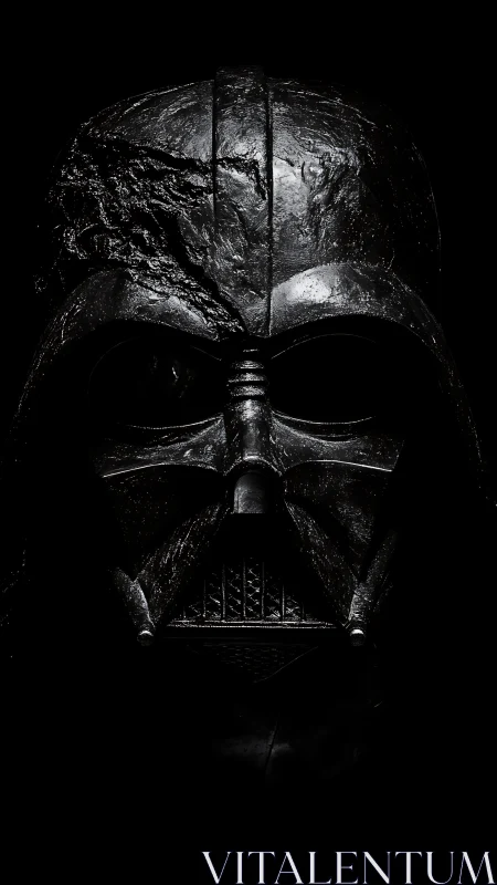 Charred, high-contrast helmet portrait with asymmetric surface erosion