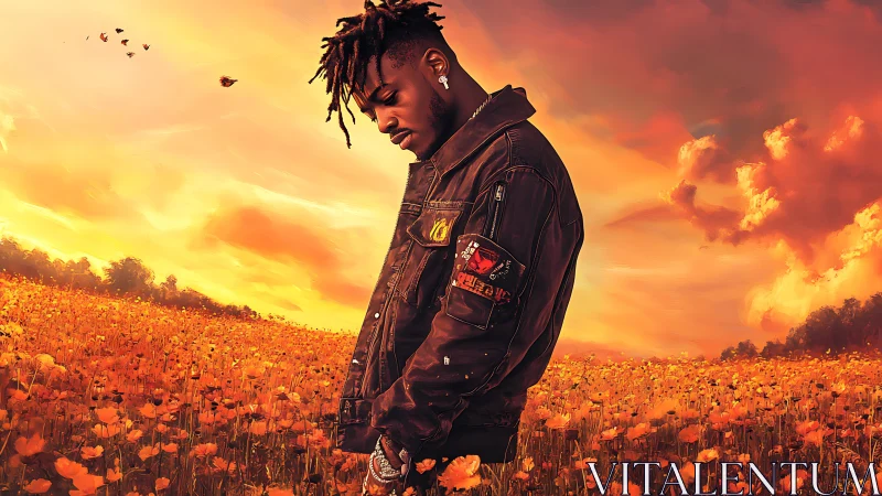 Digital portrait in sunset poppy field with cinematic lighting.