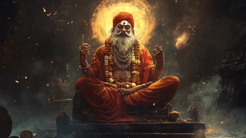Monastic guru in orange robes under radiant halo with volumetric lighting