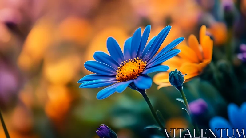 Blue Daisy Against Warm Floral Blur.