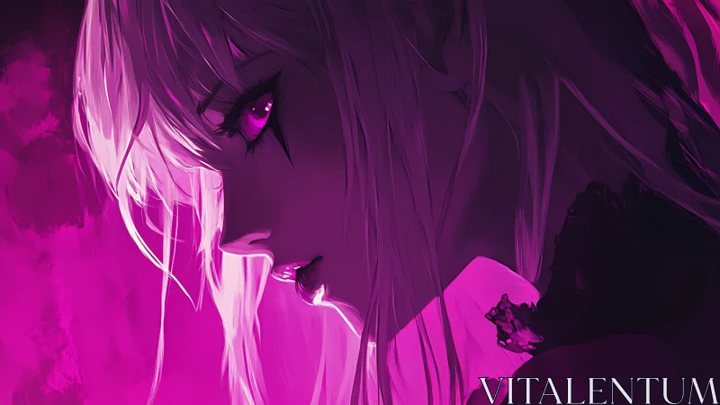 Neon-lit anime girl gazes into shadowed distance thoughtfully.