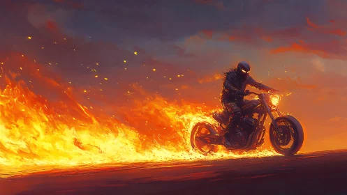 Armored biker on flaming motorcycle under dramatic sky.