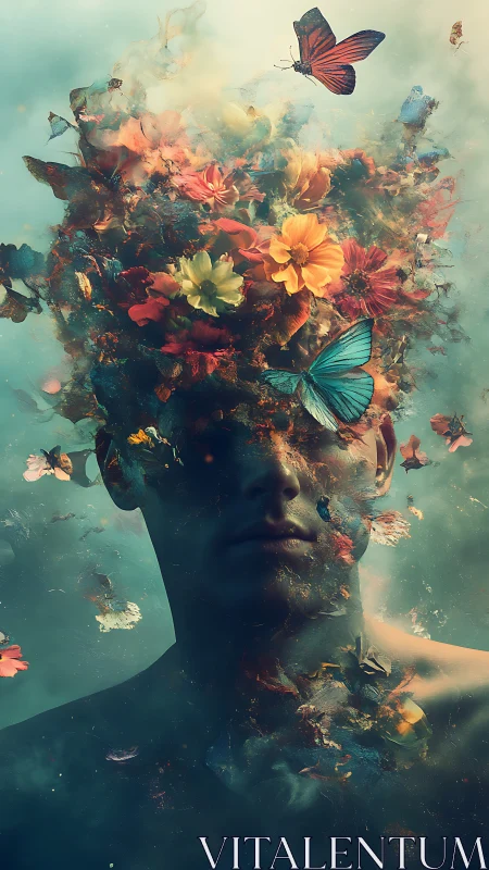 Surreal male portrait with floral explosion and butterflies emerging.