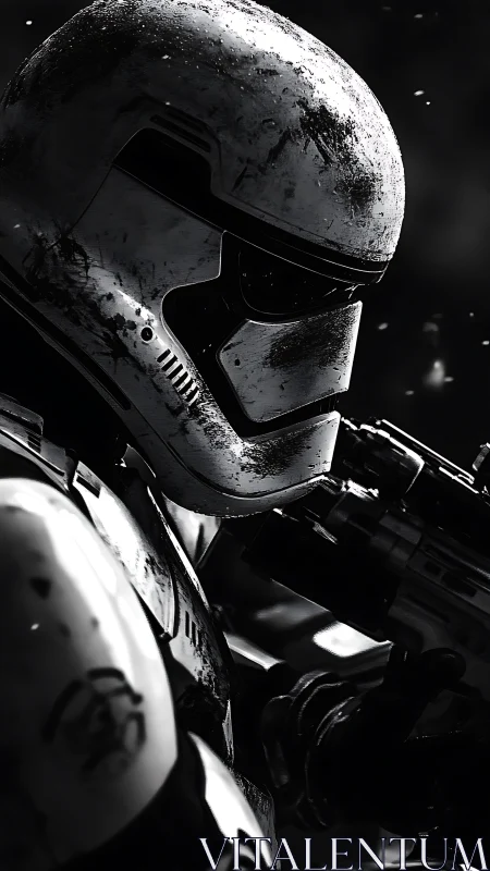 Battle-worn sci fi trooper stands ready in stark shadows