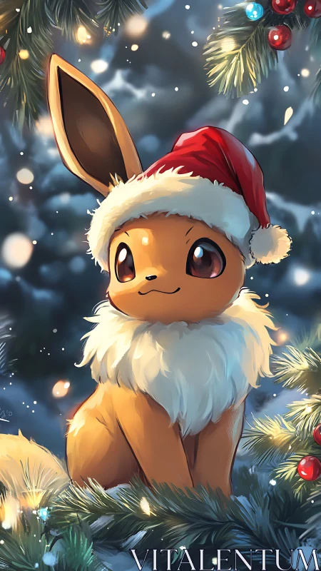 Eevee in Santa hat sits among snow covered fir branches