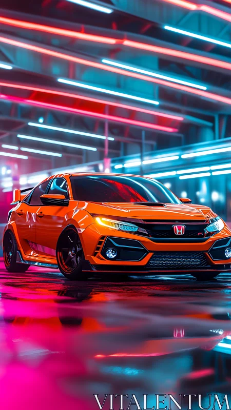 Neon-lit performance hatchback in reflective tunnel environment.