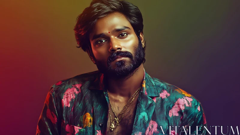 Velvet gaze in neon hues, a floral shirted dreamer. Period.