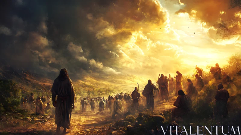 Sunlit prophet walks into a storm of gathering souls