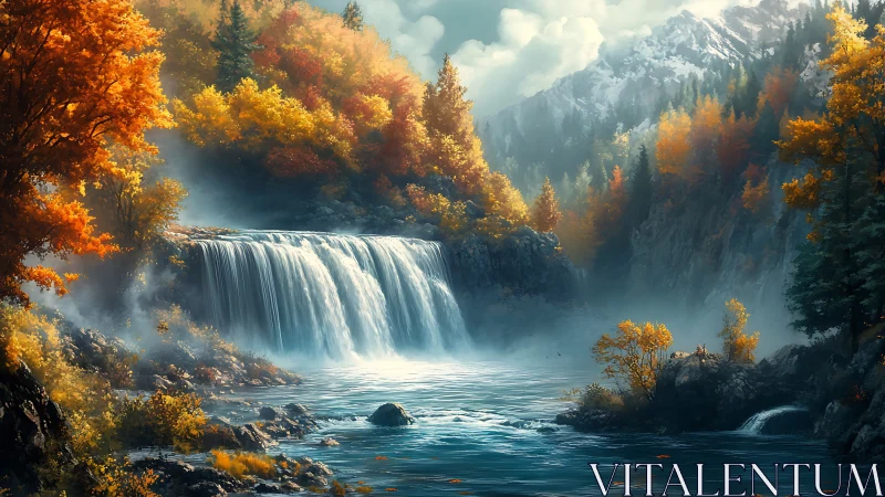 Golden valley waterfall wrapped in misty mountain calm.