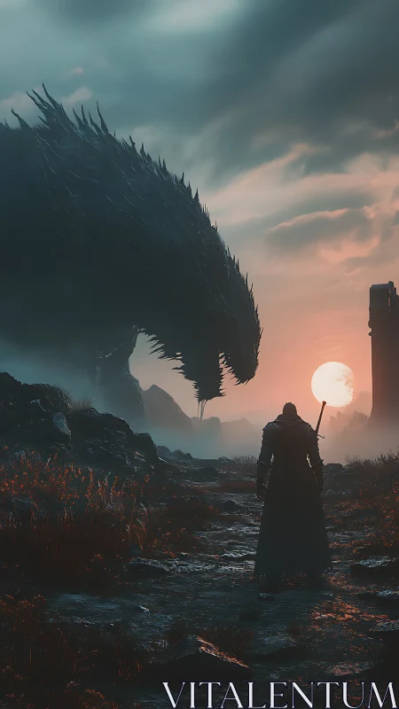 Armored wanderer confronts colossal dragon at blood-red dusk.