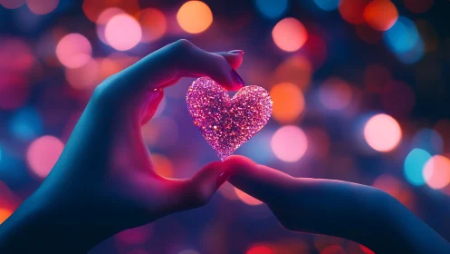 Luminous Heart Suspended Between Silhouetted Hands