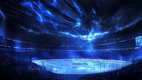 Futuristic ice hockey arena illuminated by dynamic electric aurora