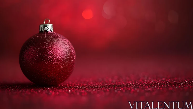 Red Christmas ornament rests on glittered surface