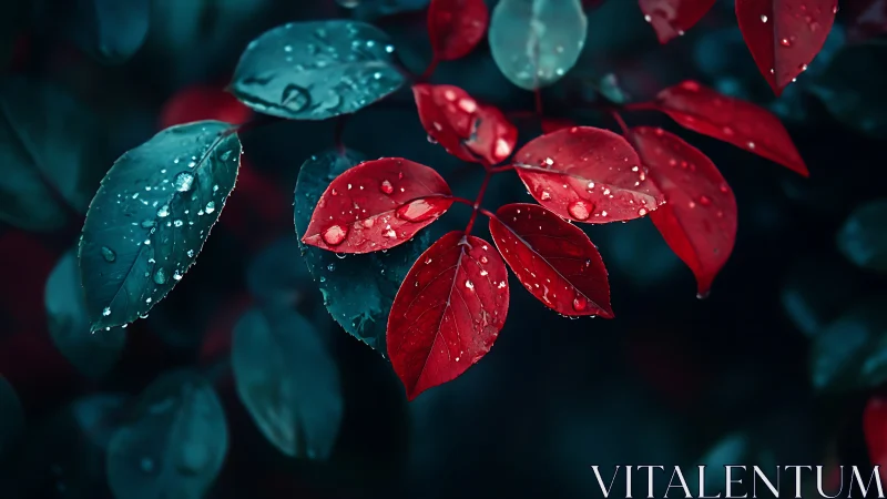 Red and teal foliage with water droplets at close range.