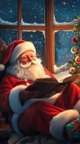 Santa Claus sits indoors reading a book near a lit tree