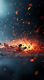 Explosive Impact with Fiery Debris Flying Through Dark Sky