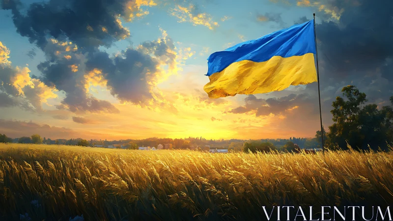 Ukrainian flag over windblown wheat field under high-dynamic sunset