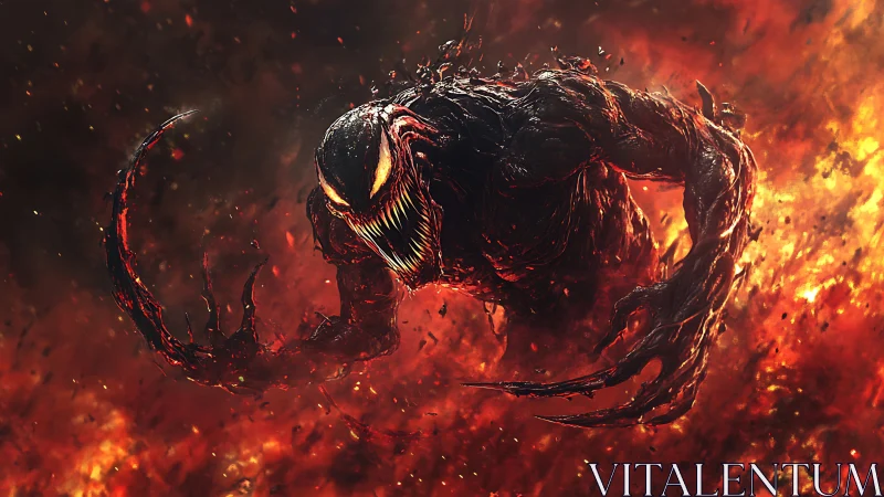 Infernal symbiote rising through swirling molten chaos.