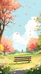 Spring park bench under blooming trees in bright midday light.