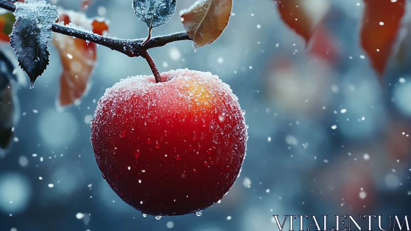 Frosted red apple hangs under snowfall on blurred bokeh branch.