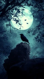 Nocturnal raven silhouette under luminous full moon glow.