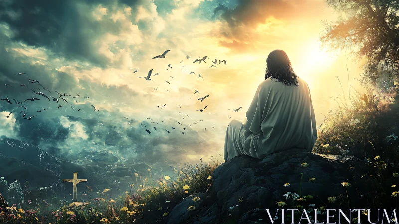 Solitary robed figure at sunrise above valley cross.