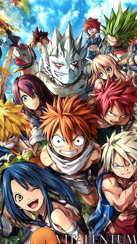 Dynamic anime heroes surge upward with fierce determination.