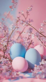 Pastel Easter eggs among cherry blossoms on pink surface.