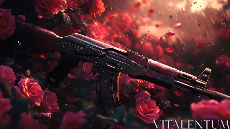 Rifle positioned among red roses under falling petals.