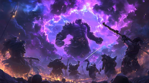 Giant armored demon confronts warriors under violet storm.