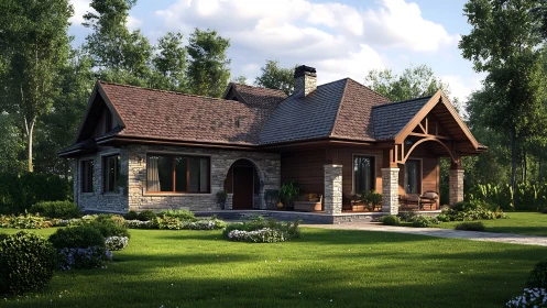 Rustic cottage with stone facade set in lush forest garden