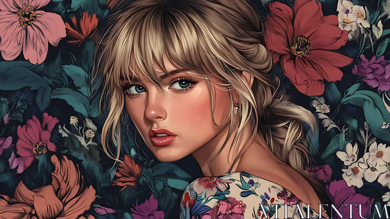 Blonde woman portrait in dense floral illustrated background.