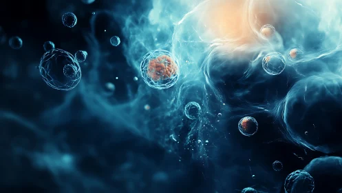 Soft cosmic cells drifting through glowing blue currents.