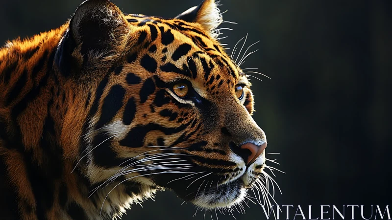 Tiger head profile against dark background.