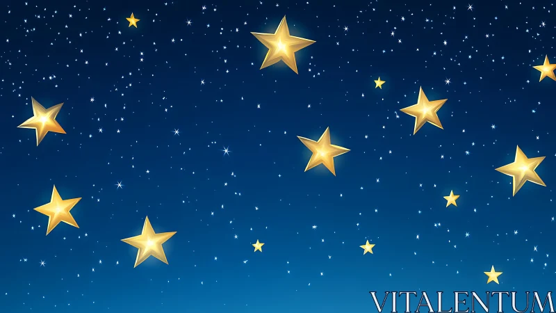 Golden stars glow across deep midnight blue sky.