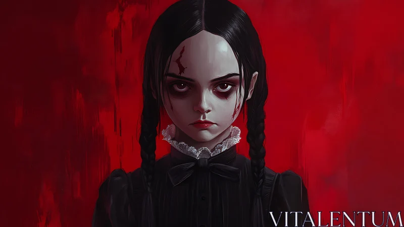 Brooding girl in braids against vivid crimson silence.