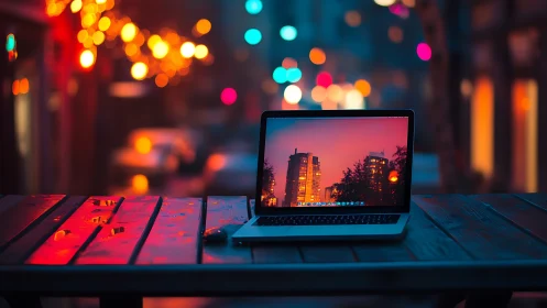 Laptop glowing on café table amid neon city bokeh nightscape.