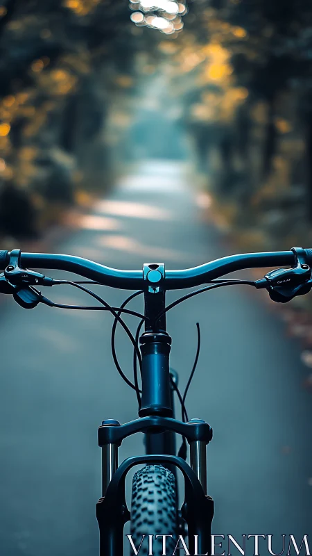 Blue bicycle handlebar and frame viewed from saddle on urban path