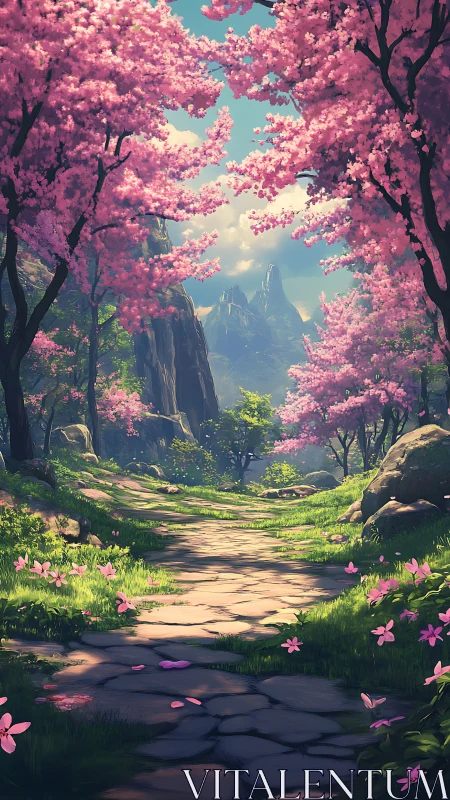 Stone path through pink blossom forest at mountains.