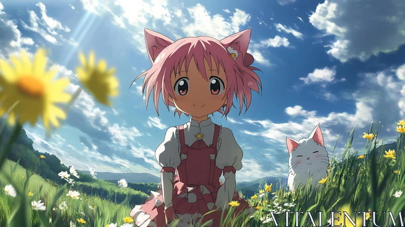 Pink haired cat girl enjoys a sunny meadow with her friend.