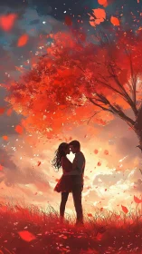 Two figures embrace beneath fiery foliage.