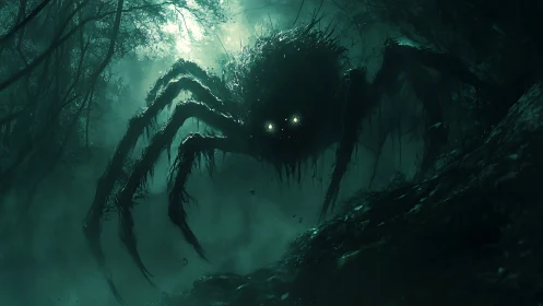 Night Forest Guardian With Glowing Eyes In Foggy Shadows.