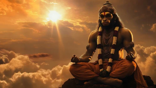 Hanuman-like deity in meditation above glowing clouds.