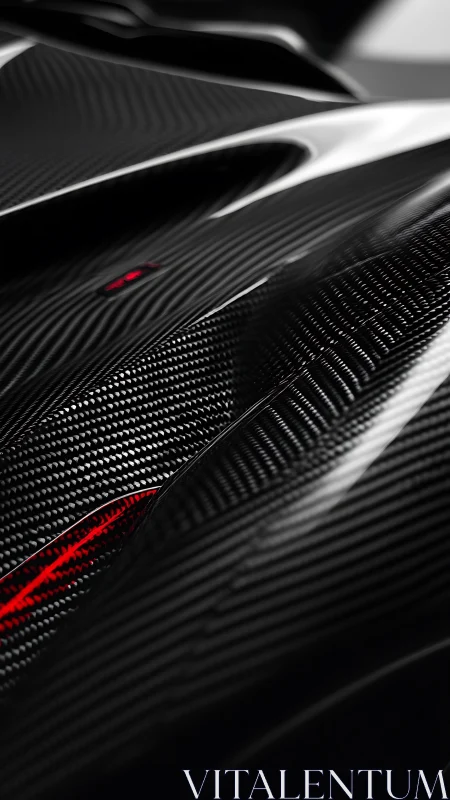 Close-up carbon fiber car bodywork with red light detail.