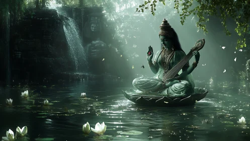 Divine lotus goddess meditating on tranquil forest lake.