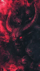 Horned skull figure emerges from red luminous smoke forms